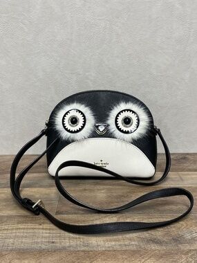 Kate Spade Black Cream Leather Owl Crossbody Bag Gold Hardware